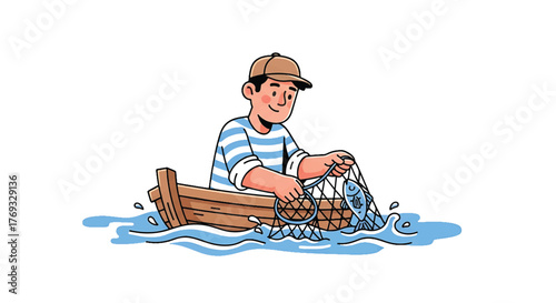 A cartoon man in a boat throwing a fishing net into the water with a focused expression.