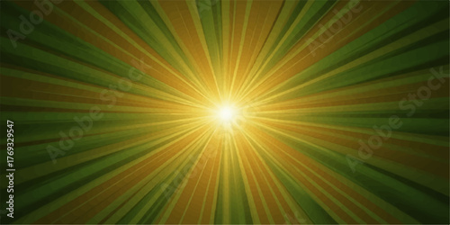Bright golden sunburst radiating light and energy outwards from a central point against a dark green background