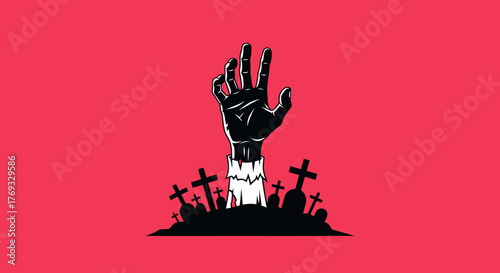 Stylized zombie hand rising from graveyard illustration with halloween themed in vector