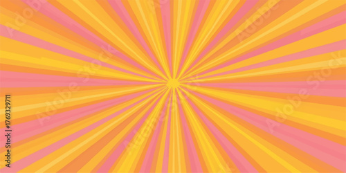 Vibrant radial burst of warm yellow and pink light rays emanating from a central point creating an energetic abstract background