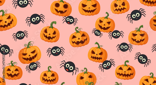 Festive Halloween pattern showcasing friendly pumpkins and cute spiders on a pastel backdrop