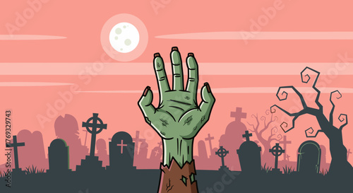 Cartoonish zombie hand rising from grave against the moonlit graveyard at twilight