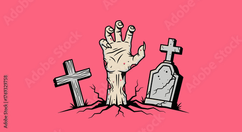 Undead awakening: A graphic illustration of a zombie hand rising from graveyard soil
