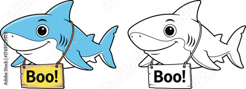 Cute Smiling Shark Holding Boo Sign – Adorable Halloween Cartoon Illustration and Coloring Page