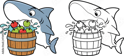 Funny Shark Eating Apples from Wooden Barrel, Cute Cartoon and Coloring Page Illustration