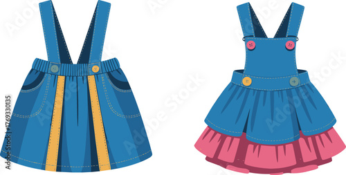 Children’s denim suspender dresses front view illustration with layered skirt, striped panel, buttons, pockets for fashion design vector template