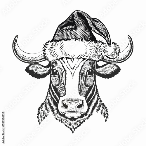 Christmas Bull Sketch Santa Hat Animal Illustration