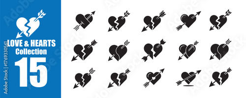 Broken Heart and Arrow Black Icons. Vector Illustration 
