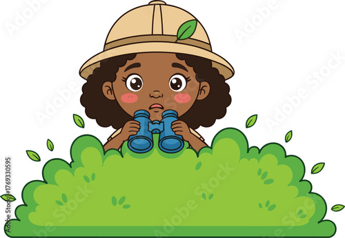 Curious child explorer with safari hat and binoculars hiding behind bush in nature adventure cartoon illustration for kids and education