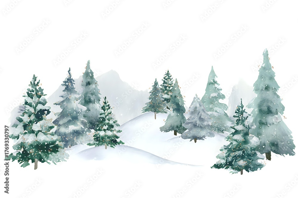 Obraz premium Serene winter landscape with snow-covered pine trees in soft watercolor technique, featuring misty mountains and gentle slopes in cool green tones.