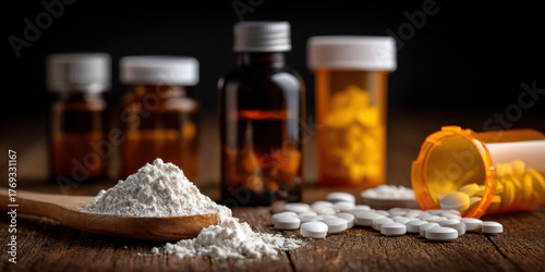 White powder on wooden spoon with scattered white pills and prescription bottles on rustic table conveying drug misuse and medical risk, tense mood