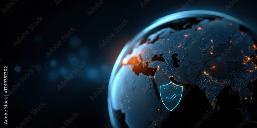 Naklejka premium Digital globe highlighting Middle East network with glowing city lights and security shield icon conveying cybersecurity protection and connectivity