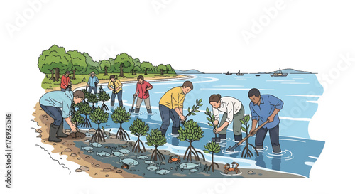 Illustration of a group of people planting mangrove trees on a beach by the sea with lush greenery in the background.
