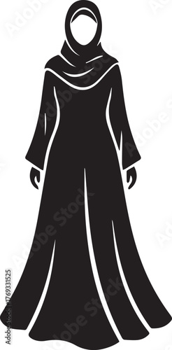 Elegant black silhouette of a woman wearing a traditional islamic hijab and abaya dress silhouette