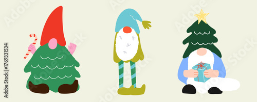 Three Christmas Gnomes for the holidays Vector Illustration  Set