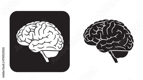 Two human brain icons one white and one black on transparent background silhouette