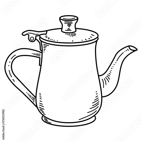 Stylish vector line art of a stainless steel kettle in monochrome, showing glossy metal body and elegant spout, perfect for cooking or tea time concept.