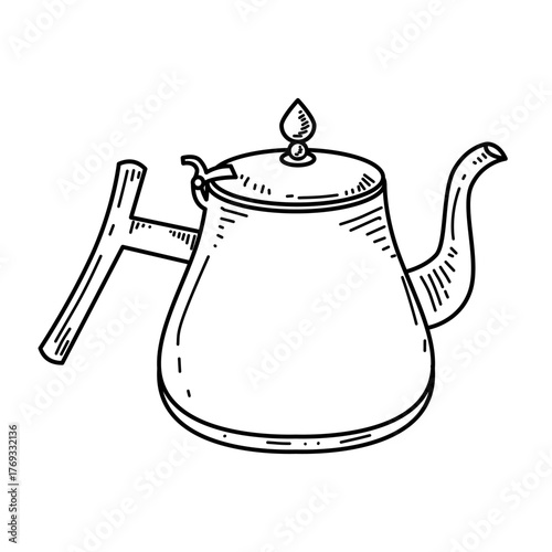 Vector line art illustration of stainless steel tea kettle in black and white, featuring smooth metal surface and elegant handle, perfect for kitchen, cafe, or tea time design.