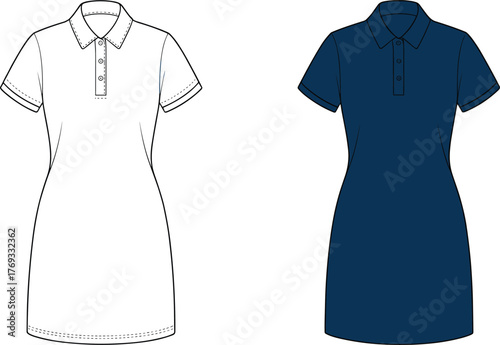 Short sleeve collared dress front view illustration with button placket, cuffed sleeves, fitted silhouette for fashion design vector template