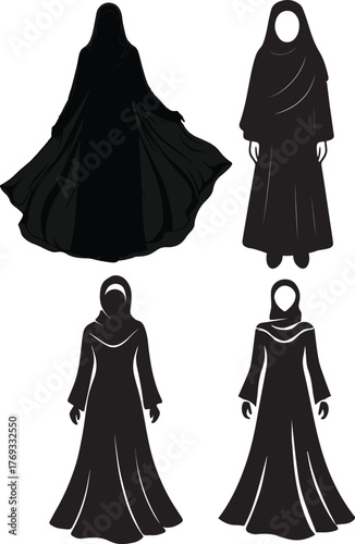 Silhouette set of four figures in traditional islamic clothing offering diverse styles silhouette