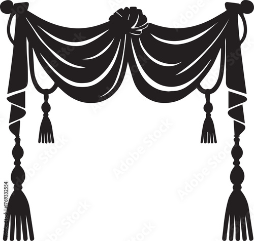 Elegant drapery swag with tassels and decorative swirls for luxurious interior design silhouette