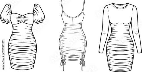 Ruched bodycon dresses front view illustration with puff sleeves, spaghetti straps, long sleeves, drawstring hem for fashion design template