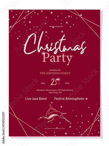 Elegant Christmas party invitation in burgundy and blush pink with gold geometric lines and festive sparkles. Perfect for restaurant events, winter celebrations, and holiday gatherings.