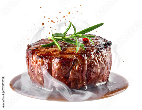 Delicious Grilled Steak with Smoke and Rosemary Garnish Presentation