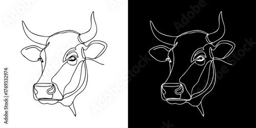 Line art illustration of a cow's head, presented in both black on white and white on black variations.