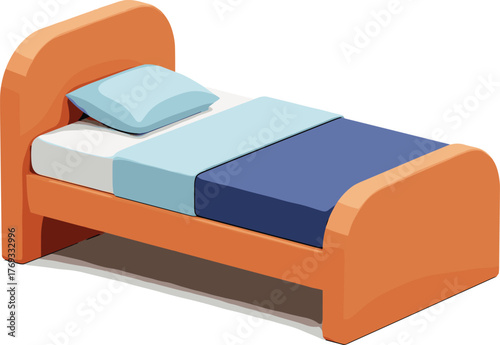 Single wooden bed with blue bedding and pillow in clean interior, stylized vector illustration for furniture, home, and decor design