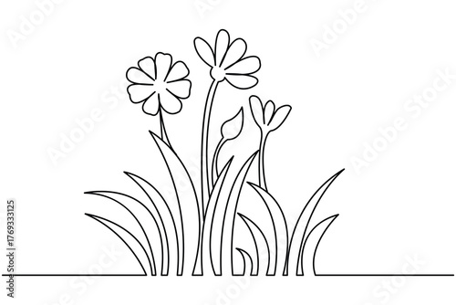 Minimalist floral line art with blooming flowers and grass outline design