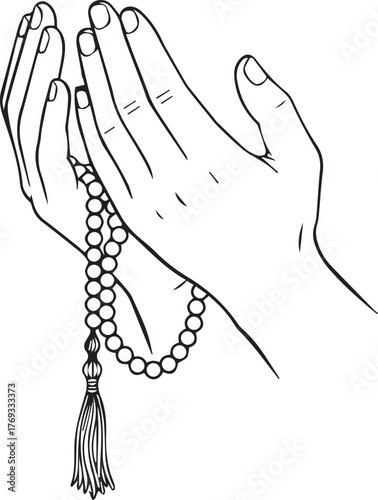 Praying hands holding prayer beads with tassel spiritual religious devotion hands cu silhouette