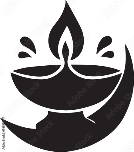 Festive diya lamp with crescent moon and flames symbolizing light and celebration silhouette