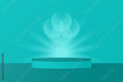Teal podium, abstract background with gradient bubbles and star	