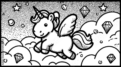 Cute Flying Unicorn with Wings in Magical Sky. Black and White Cartoon Line Art Illustration with Clouds, Stars, and Diamonds
