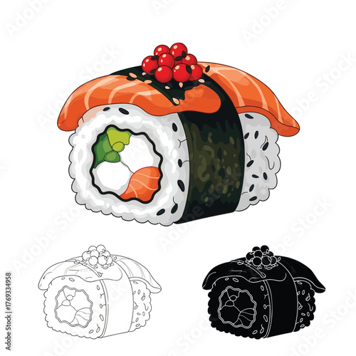 Stylized illustration of a salmon sushi roll with red caviar on top.