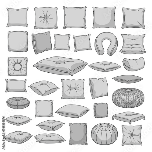 Collection of various gray pillows and cushions in different shapes and sizes.