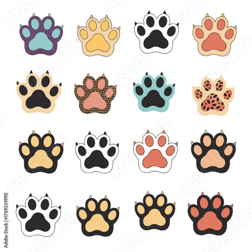 A grid of colorful and patterned paw prints on a white background.
