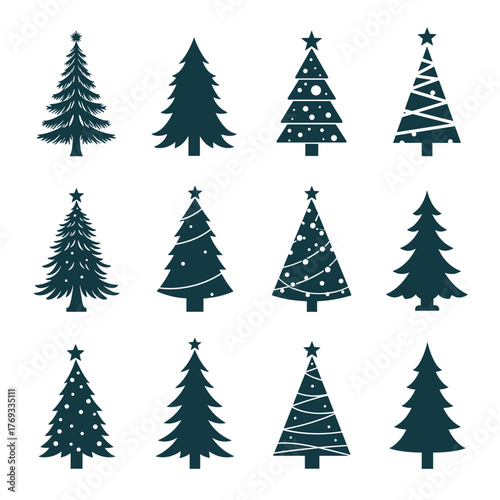 A collection of twelve different stylized Christmas tree silhouettes, perfect for festive designs.