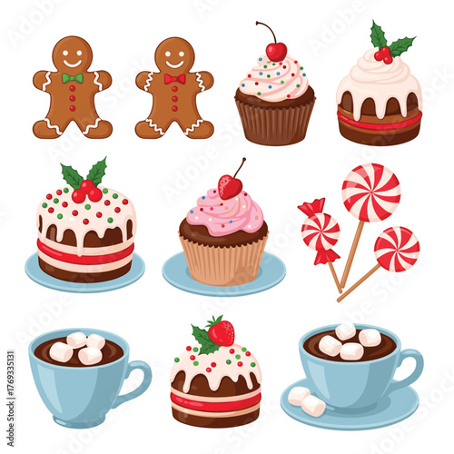 A collection of festive Christmas treats including gingerbread men, cupcakes, cakes, and hot chocolate.