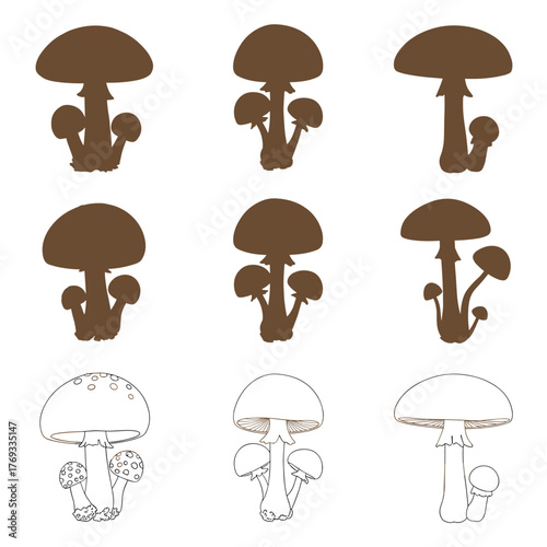 Collection of brown mushroom silhouettes and line drawings with varying stalk and cap arrangements.