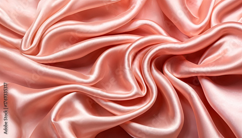 This close-up photo features luxurious peach satin fabric, elegantly draped to showcase its silky texture and soft sheen. The gentle waves and subtle luster evoke a sense of sophistication and comfort