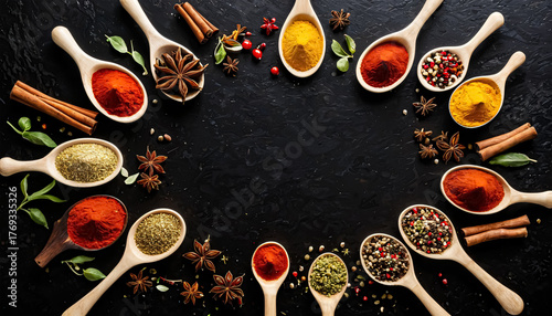 This vibrant photo displays an artistic arrangement of various spices in wooden spoons, set against a dark background. Each spoon showcases colorful spices, creating a stunning visual feast for the ey