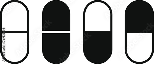 Capsule icon set. Medicine Capsule and Pharmaceutical Drug symbols. Healthcare Pill or Vitamin Supplement sign. 