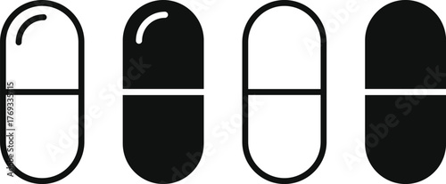 Capsule icon set. Medicine Capsule and Pharmaceutical Drug symbols. Healthcare Pill or Vitamin Supplement sign. 