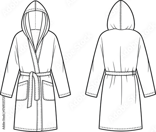 Technical flat sketch of hooded bathrobe front and back view with belt, pockets, seam details for fashion design illustration