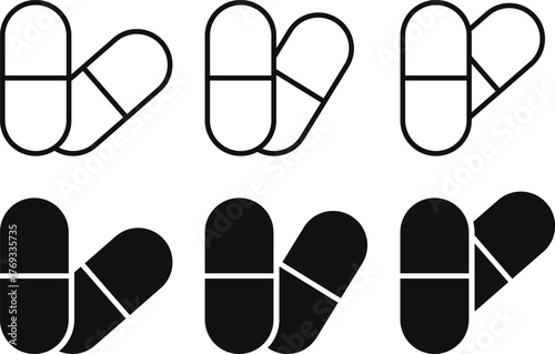 Capsule icon set. Medicine Capsule and Pharmaceutical Drug symbols. Healthcare Pill or Vitamin Supplement sign. 