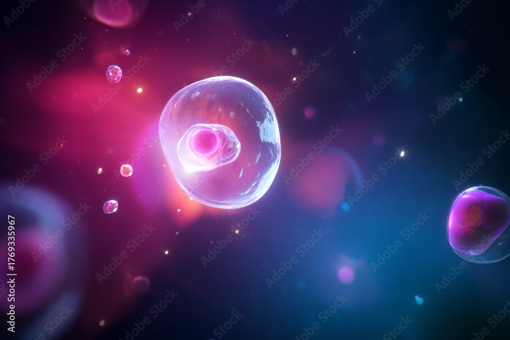 Obraz premium Colorful microscopic view of cells in vibrant cosmos-inspired environment