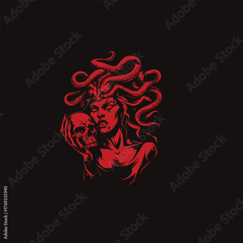High-contrast vector illustration in red and black depicting a powerful Medusa or Gorgon with swirling snake hair, intimately holding a human skull
