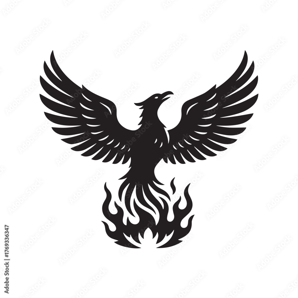 Fototapeta premium Silhouette of phoenix rising, white background.